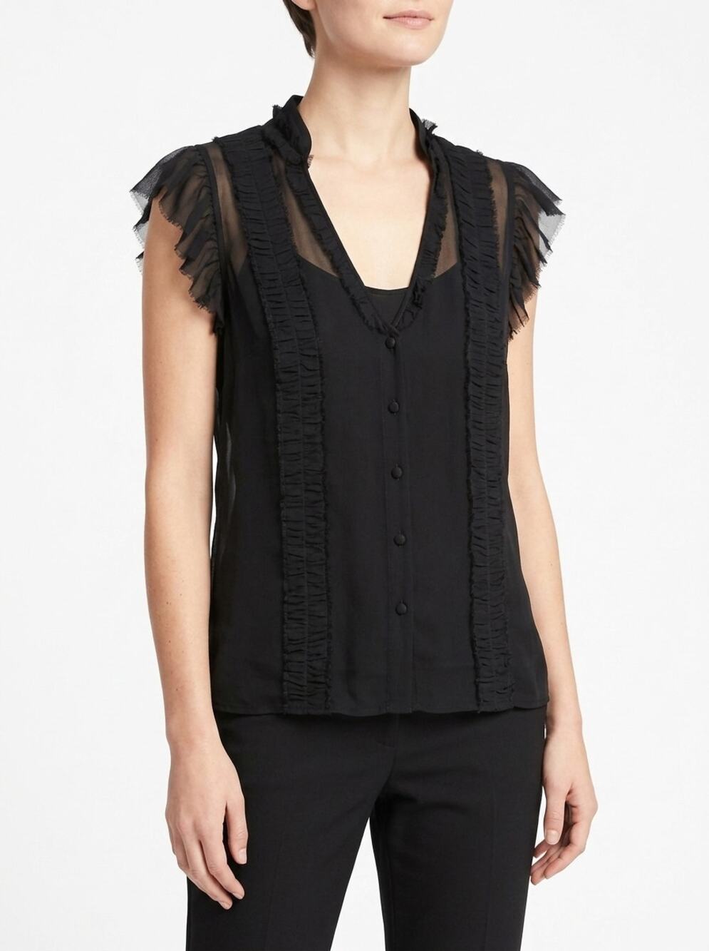 Arden B 100% Silk Black Sheer Ruffle Pleated Blouse Top Women Size L